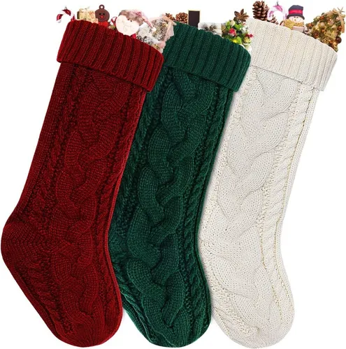 3 Botas De Navidad De 43cm Estambre De Punto Trenzado