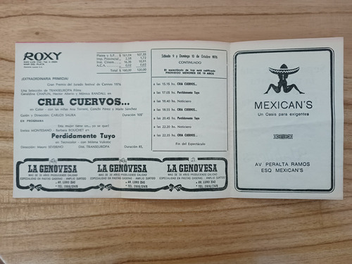 Antiguo Programa De Cine Roxy Octubre 1976 (Usado)