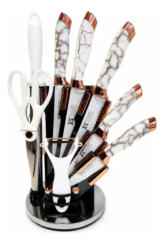 Jogo De Facas Cozinha Aço Inox C/ Suporte Giratório 9 Peças Branco Marmorizado