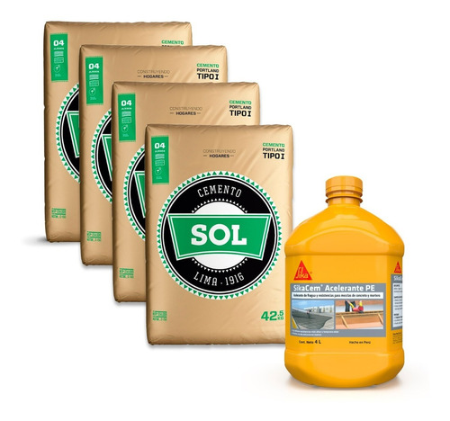 Pack 4 Bolsas De Cemento Sol + 1 Sikacem Acelerante 4l