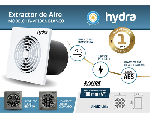 Imagen 7 de 10 de Extractor De Aire Baño Cocina Blanco 100mm Hydra Cuotas