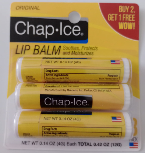 Chap-ice Spf 4 Premium Blsamo Labial, Original, Paquete De 3