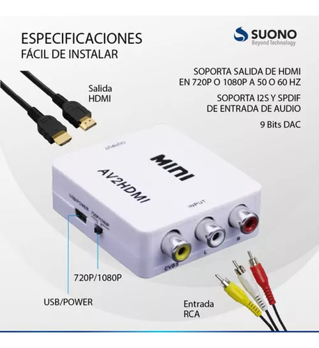 Imagen 2 de 3 de Conversor Rca A Hdmi Adaptador Tv Audio Y Video Av 1080p Fhd