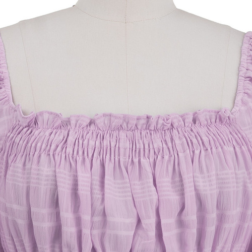 Imagen 4 de 7 de Blusa Corta Stretch Manga Larga Plisada Fresca Primaveral.