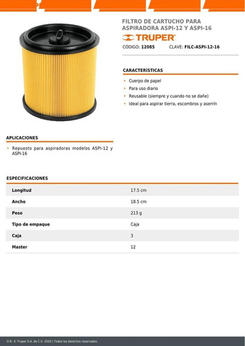 Imagen 2 de 2 de Filtro Cartucho Aspi-12 Truper 12085
