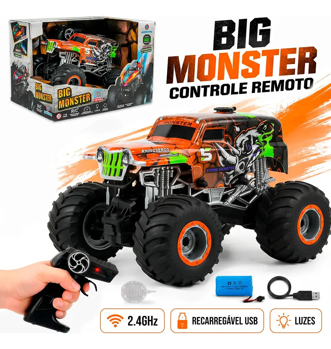 Carrinho De Controle Remoto Big Monster Truck Laranja Solta Fumaça Vapor D Água Luzes Bateria Recarregável Usb Infantil Menino Kids Criança Brinquedo Presente Divertido Radical Ave