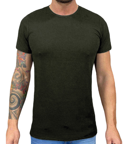 Camiseta Canelada Verde Musgo Slim Masculina Casual Premium