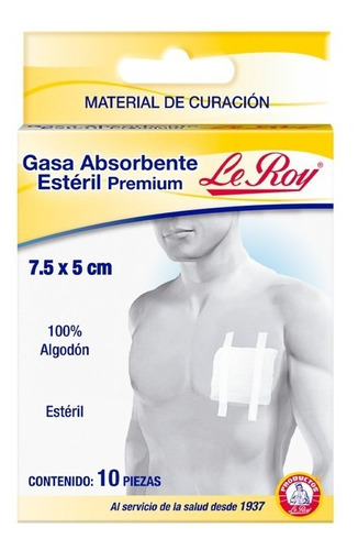 Gasa Absorbente Estéril Algodón Premium Curación Leroy 10pzs