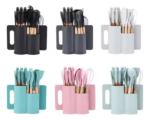 Set Kit Utensilios De Cocina Silicona Y Cuchillos 19 Piezas Blanco