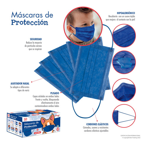 100 Cubrebocas Best Trading Termosellados Colores Infantil Azul Liso
