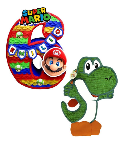 Dúo Piñatas Yoshi + Número A Elegir 50 Cm Mario Bros