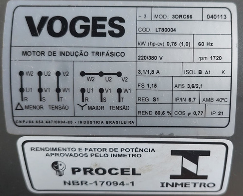 Motor Elétrico Trifásico 1cv 4 Polos Baixa Rotação Voges