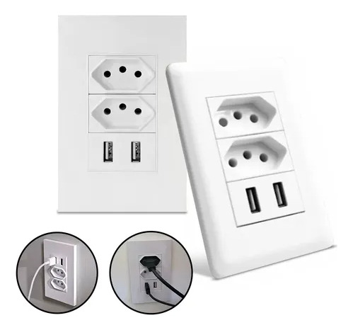 Kit C/2 Tomada 10/20 Ampêres Modular Dupla 2 Usb Carregador Branco