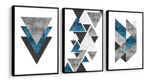Quadro Decorativo Abstrato Azul Geométrico Cinza Para Sala Quarto Recepção Escritório Decoração Criativa 