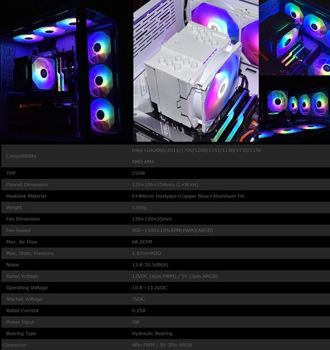 Imagen 9 de 9 de Cooler Cpu Id-cooling Se-226-xt Argb Snow 250 W Tdp Blanco !