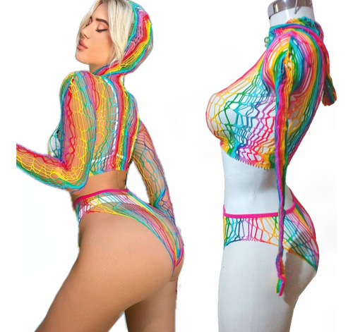 C^ Conjunto De Lencería De Red Arcoiris Sensual Con Gorro