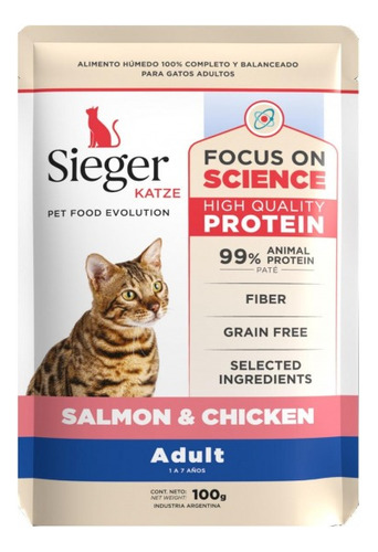 Sieger Alimento Humedo Gato Adulto Salmon Pollo 100gr X 3u