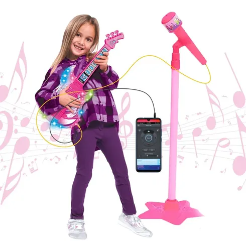 Guitarra E Microfone Infantil Instrumento Brinquedo Musical Cor R...