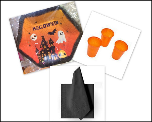 Pack Descartable Halloween Platos Vasos Servilletas Negras 