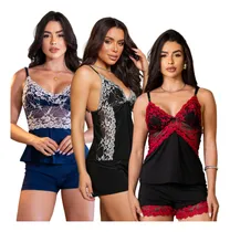 Comprar Kit 3 Baby Doll Bicolor Renda Confortável Short Doll