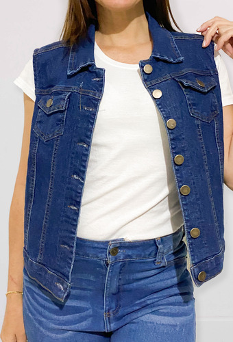 Chaleco Mezclilla Stretch Mujer Dama Básico Con Bolsas.