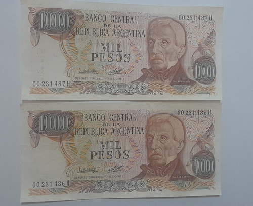 2 Billetes Correlativos $ 1000 Ley 18188. Serie H.