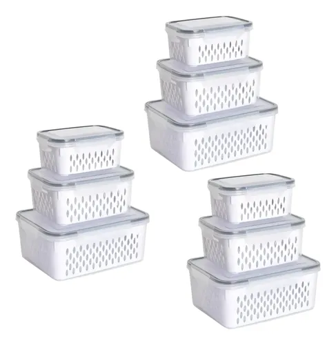 Kit 9 Organizadores Geladeira ​Alimentos Vegetais Com Tampas Branco-9pcs