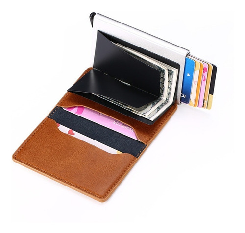 Porta Tarjetas De Metal Rfid Cuero Sintetico