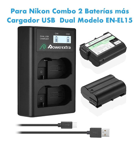 Combo 2 Baterias En-el15 Para Nikon + 1 Cargador Usb Dual