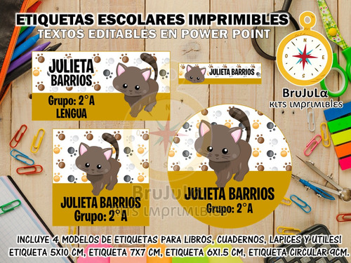 Kit Imprimible Etiquetas Escolares Gatito S20