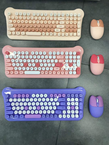 Set Teclado Y Mouse Inalámbrico As-212 Diseño Gatito Mouse Violeta Teclado Violeta
