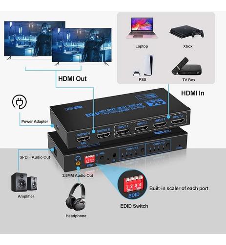 Hdmi Matrix 4x2 Con Audio 4k 60hz Hdcp