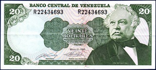 Billete De 20 Bolívares R8 Mayo 31 1990 José Antonio Páez