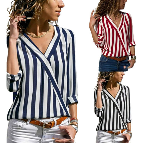 Camisas Rayas Cuello V Manga Larga Blusas Causal 2022 Cómodo