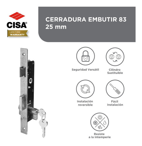 Imagen 3 de 7 de Cerradura De Embutir Cisa 83 Con 3 Llaves 20 Mm