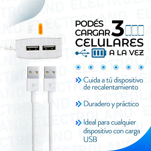 Imagen 4 de 10 de Cargador Celular Tablet 3.1a + 2 Salidas Usb Carga Rapida