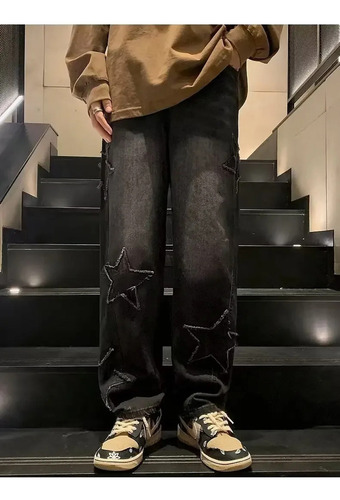 Tk Calça Jeans Larga Com Corte Solto E Estampa
