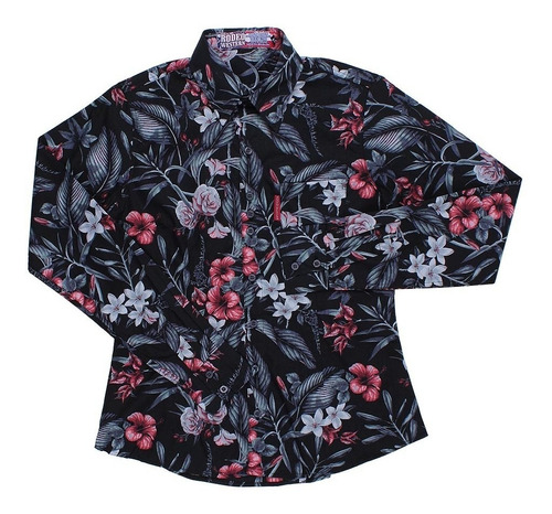 Camisa Floral Feminina Manga Longa Rodeo Western Preta 24618