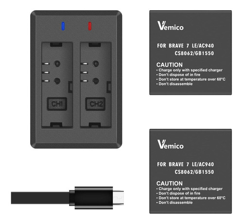 Kit De Carga Vemico, 1 Cargador Usb, 2 Baterías De 1350mah