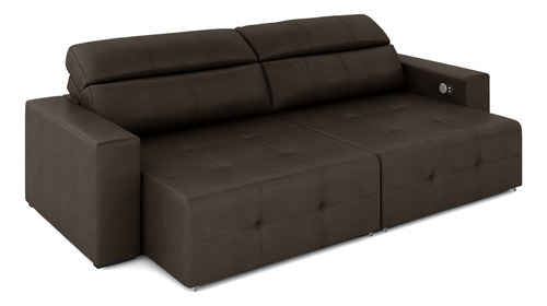Sofá Retrátil 4 Lugares 284cm Nero Com Usb Couro Marrom