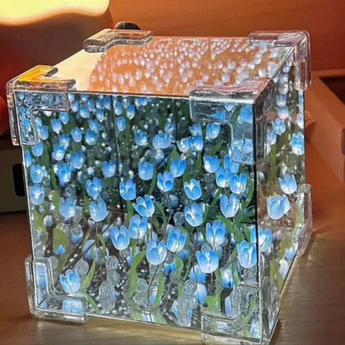 Lámpara De Tulipanes Infinitos Cubo Espejo Para Armar Naranja Claro Plateado