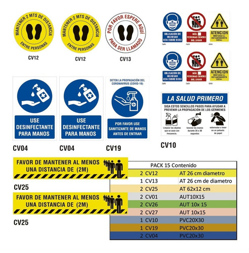 Señales Distanciamiento Social + Carteles - Pack X 15 Uni