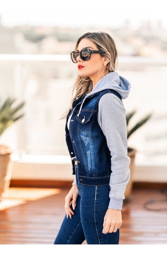Imagem 1 de 3 de Jaqueta Casaco Jeans Feminina Com Manga Moletom Com Touca