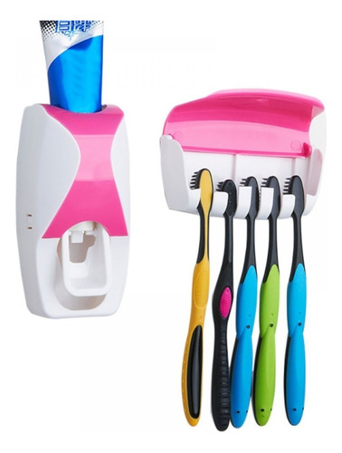 Soporte Cepillo Dientes Color Rosa Organizador Dispensador Pasta Dental Y Porta Cepillo Baño De Pared 5 Divisiones Qatarshop