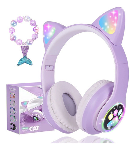 Audifonos Orejas De Gato Bluetooths 5.1 Led Diadema Ninos Color Violeta