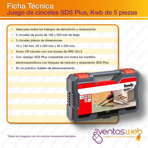 Imagen 4 de 5 de Set Cincel Plano Y Punta 5 Piezas Kit Maletín D Alto Impacto