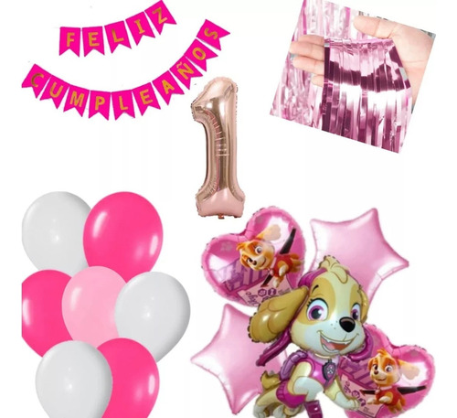 Kit Decoración Globos Skye Patrulla Canina Rosado Fucsia 