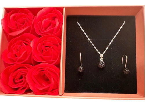 Regalo Mujer Set Conjunto Collar Aros Plata Negro Con Rosas