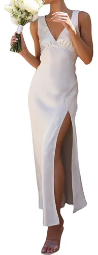 comprar Elegante Vestido Largo De Satén Con Abertura Lateral Y Cuell