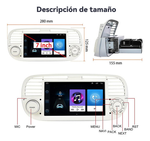CARLAM Estéreo de Pantalla 7 Pulgadas Auto Android Carplay Mirrorlink GPS 2+64gb Para Fiat 500 2007-2015 Bluetooth USB Esterio Carro Stereo Autoestereo con Canbus y Camara Reversa